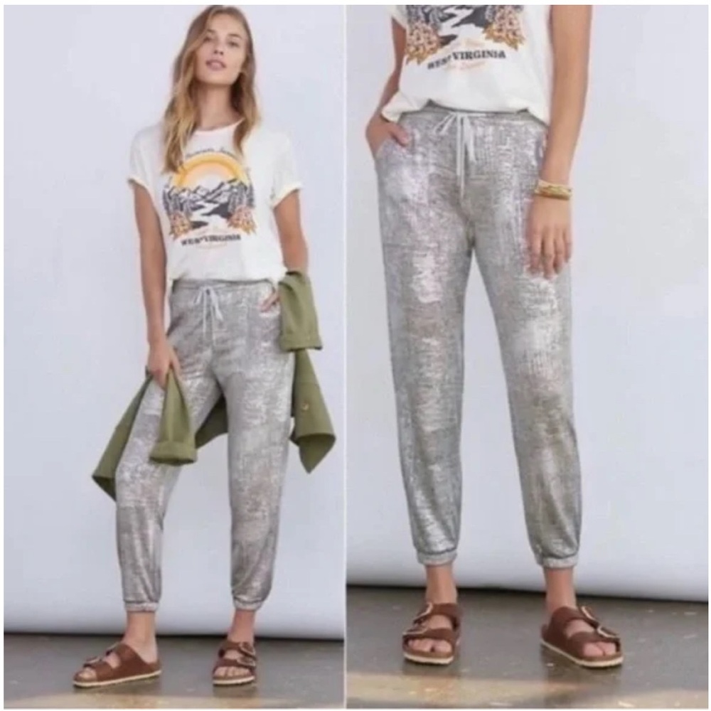 Anthropologie Shimmering Silver Joggers